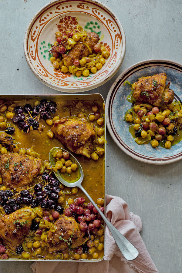 Image of Nargisse Benkabbou's Traybake Chicken with Spiced Grapes, Chickpeas and Thyme